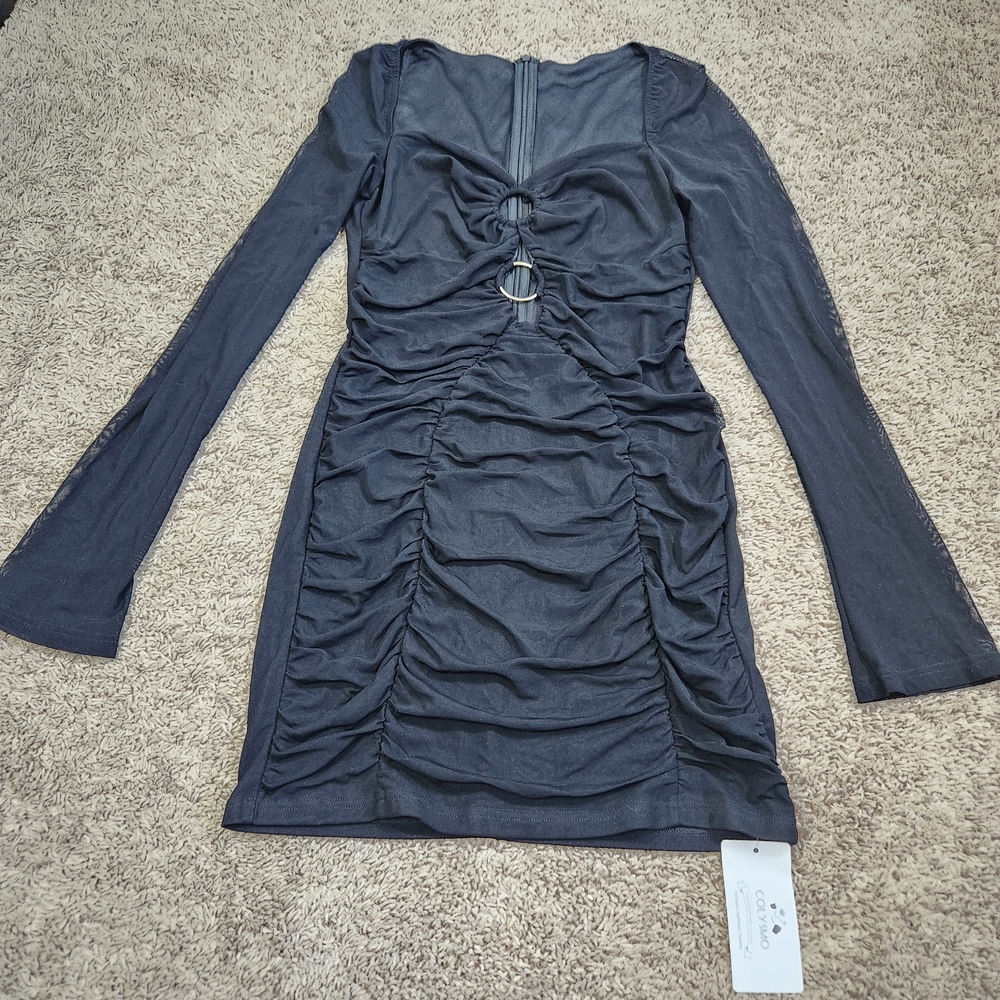NWT Chic Women's Sheer Long Sleeve Black Ruched Dress Size XL